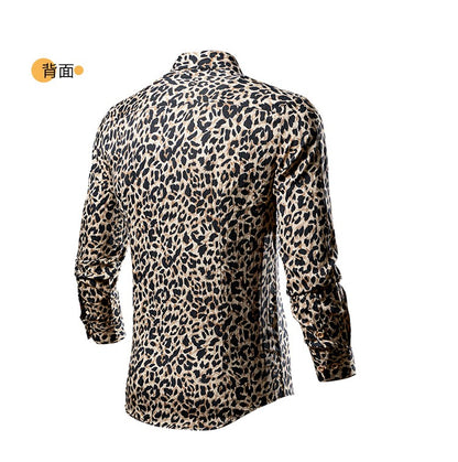 QJ CINGA Brand Men Leopard Print Long-sleeved Shirt, White Single-breasted Button-down Collar Printed Shirts, Asian Size M-6XL