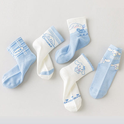 5 pares de meias de algodão de cano médio Kawaii Sanrio Cinnamoroll Kuromi para meninas e meninos, meias de algodão de cano médio de desenho animado para primavera e outono