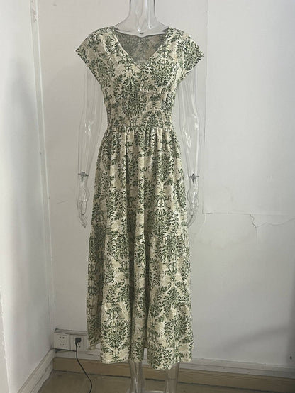 2025 vintage printed dress fashionable and elegant V-neck short sleeved jumpsuit long skirt women's clothing