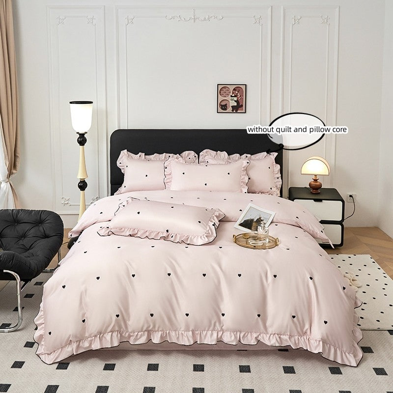 Conjunto de capa de edredom coreana de renda 3 peças (1*Capa de Edredom + 2*Fronhas, Sem enchimento), Conjunto de cama com estampa de bolinhas pretas