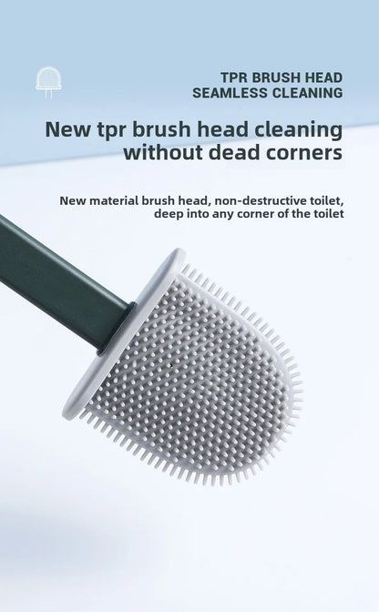 Toilet Brush Water Leak Proof With base Silicone Wc Flat Head Flexible Soft Bristles Brush with Quick Drying Holder Set