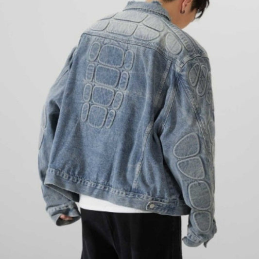 American Loose Hole Denim Jacket Men's Spring Broad Shoulder Rugged Handsome Coat Armor Design Motorcycle Jean Jacket Streetwear