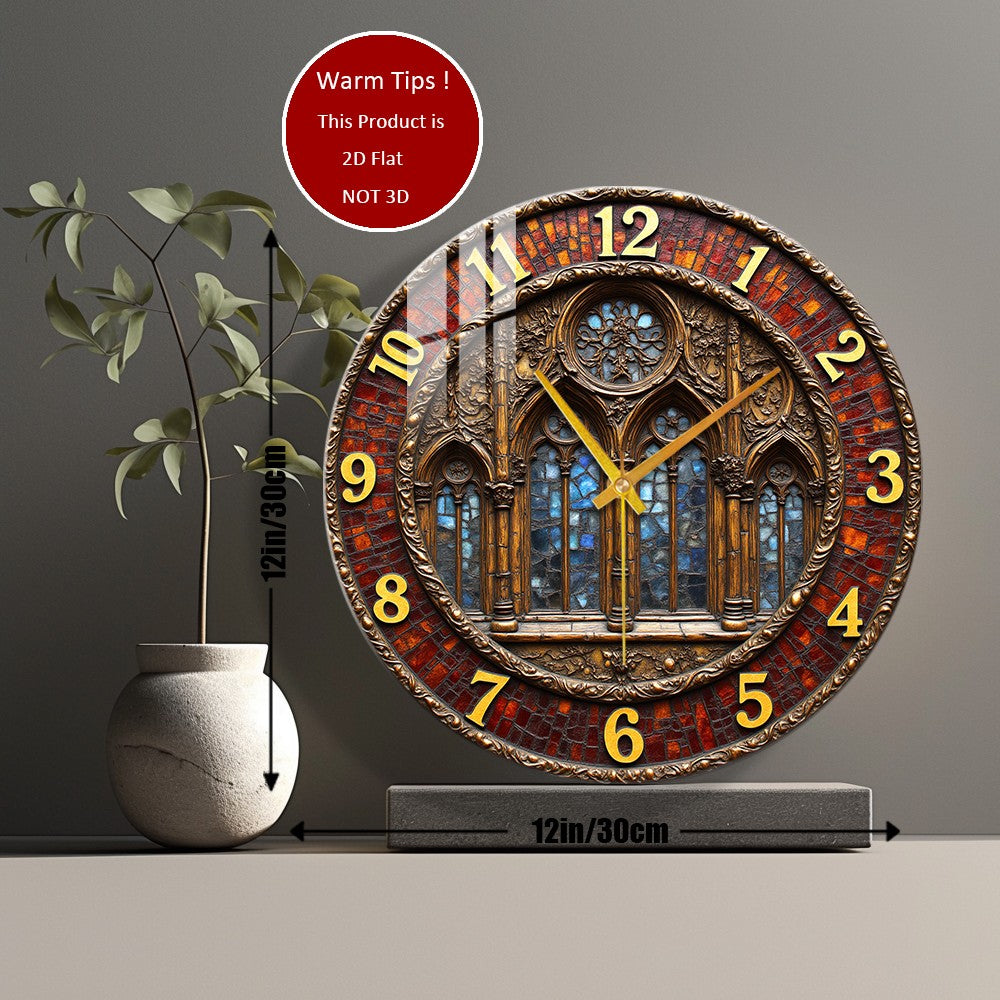 Tempered Glass Wall Clock Gothic Stained Glass Window Clock Suitable For Wall Decor or Tabletop Display Anywhere