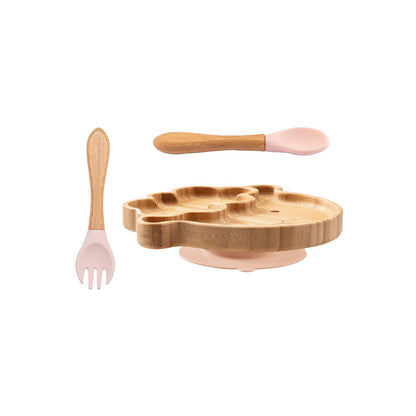 Baby Wooden Tableware Set Could Bamboo Wooden Plate Bowl Silicone Suction Wooden Handle Fork Spoon for Children Feeding Supplies