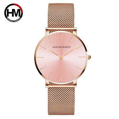 Hannah Martin Women Watch Japan Quartz Movement Simple Waterproof Rose Gold Stainless Steel Mesh Ladies watch relogio feminino