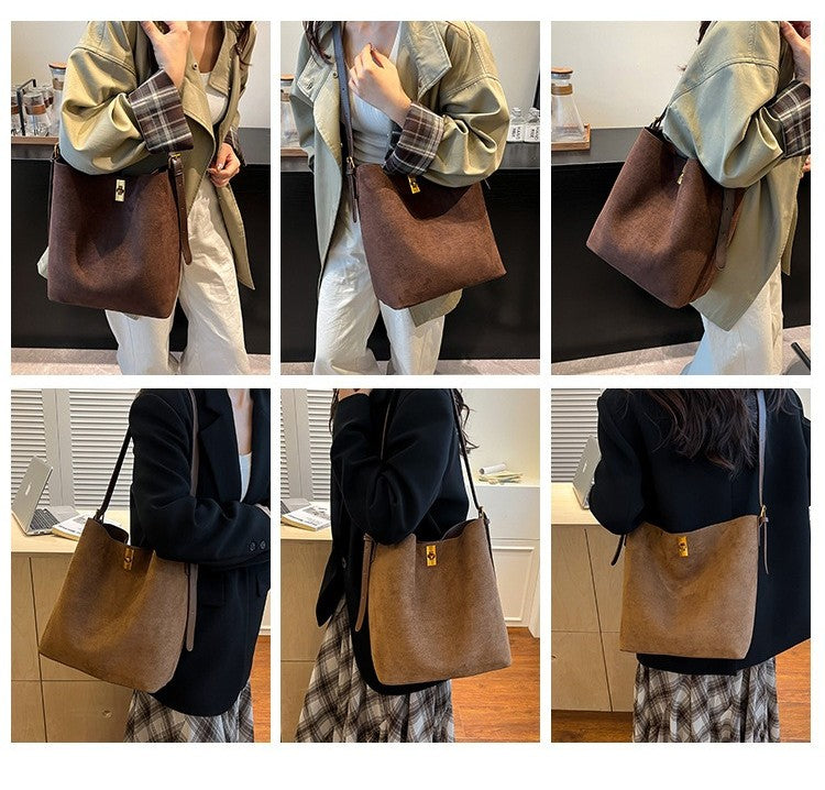 Autumn/Winter Bucket Bag Retro Suede Fur Large Capacity Tote Bag for Women, New Style Versatile Shoulder & Crossbody Bag