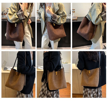 Autumn/Winter Bucket Bag Retro Suede Fur Large Capacity Tote Bag for Women, New Style Versatile Shoulder & Crossbody Bag
