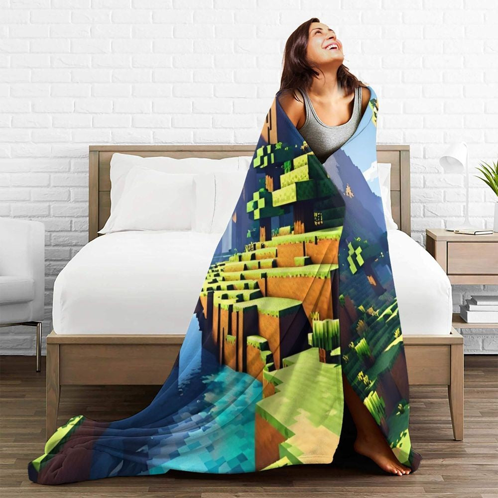 Cartoon Mines Pixel Game Crafts Flannel Blanket Super Warm Throw Blanket for Home Decor Decorative Street Trend Bedspread