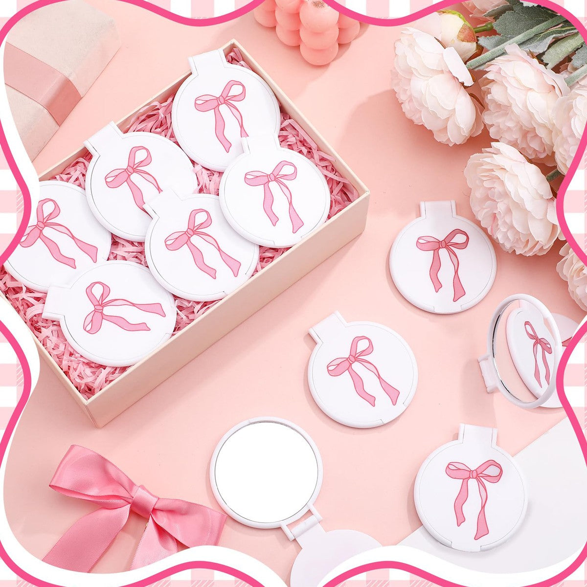 5 Set Pink Bow Mini Pocket Mirror - Vanity Accessories for Women, Birthday Party Favors, Wedding Anniversary Bridal Shower Gifts