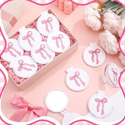 5 Set Pink Bow Mini Pocket Mirror - Vanity Accessories for Women, Birthday Party Favors, Wedding Anniversary Bridal Shower Gifts