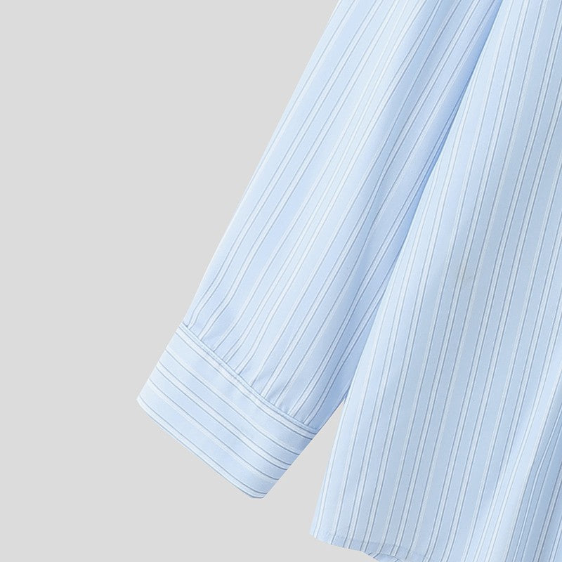 INCERUN Men Striped Shirt Lapel Long Sleeve Lace Up Hollow Out Men Clothing Oversize Korean Style Streetwear Casual Shirts Men