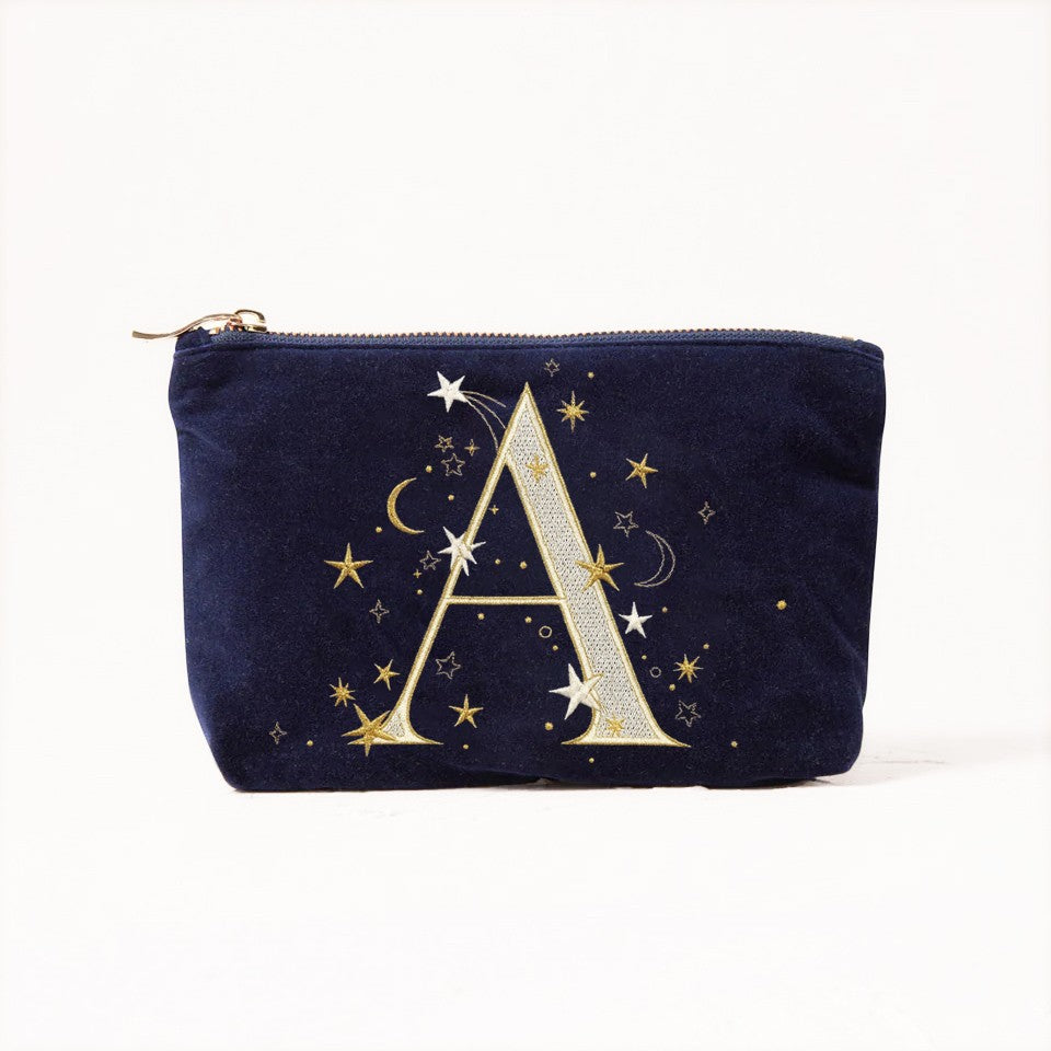 Alphabet Print Velvet Clutch Makeup Bag - Fashionable Cosmetic Pouch with Glittering Star Motif