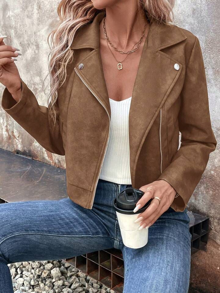 New Autumn Rose Red Women's Short Jacket, Zipper Closure, Lapel Collar, Fashionable Casual Coat.