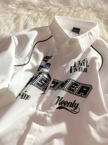 Cargo Short-sleeved Shirt New Summer Youth Casual Lapel Button Up Blouse Men Women Hip Hop Letter Print Racing Tee