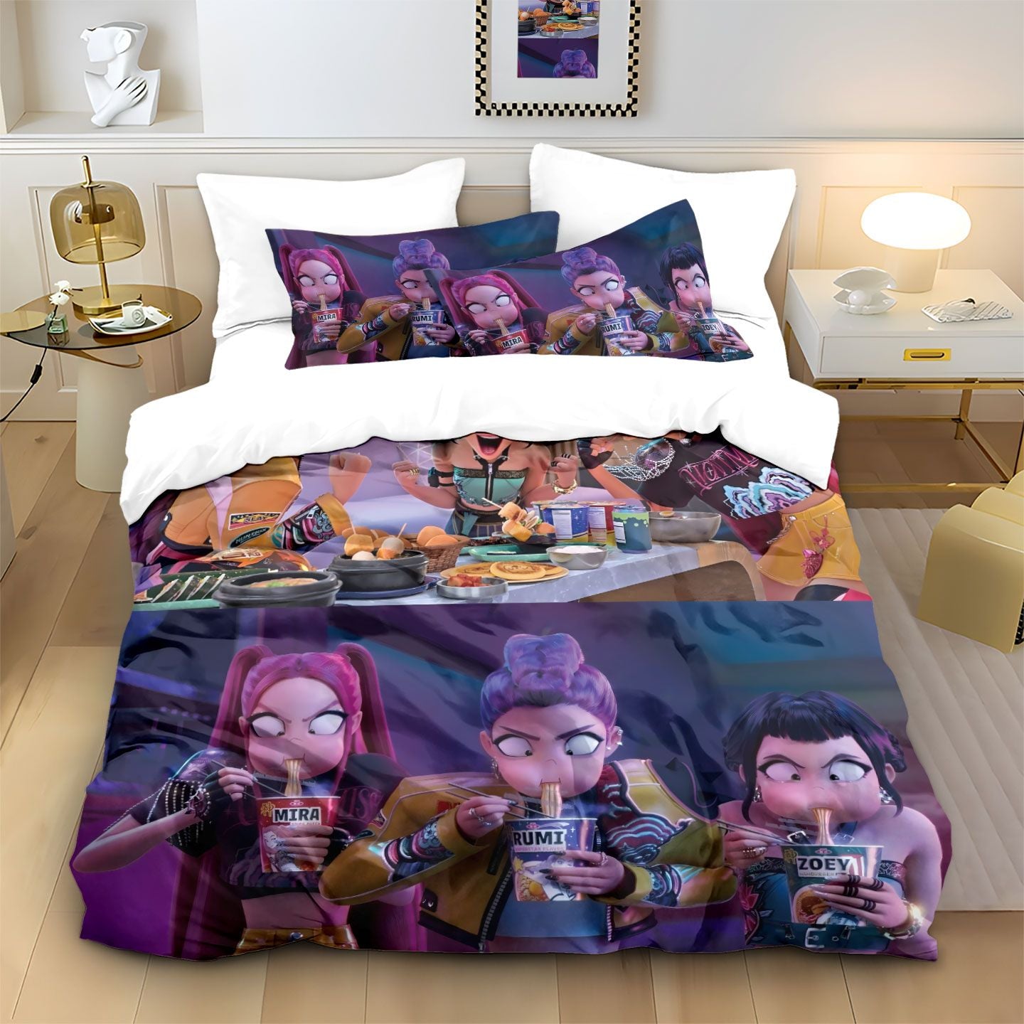 3pcs Cartoon K-Pop Demon Hunters Print Coreless Duvet Cover Set Multi Size Bedroom Dormitory Comfortable, Machine Washable