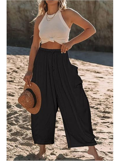 Women's Stretched-waist Pleated High-waisted Wide-leg Trousers Spring Autumn Fashion Cotton Linen Pocket Casual Trousers Woman