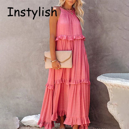 Women Casual Solid Ruffles Long Dress Summer Elegant Sleeveless Sundress Elegant