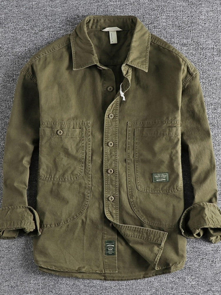 2025 Autumn New American Retro Woven Twill Cargo Shirt Men's Fashion 100% Cotton Washed Long Sleeve Double Pocket Casual Jacket