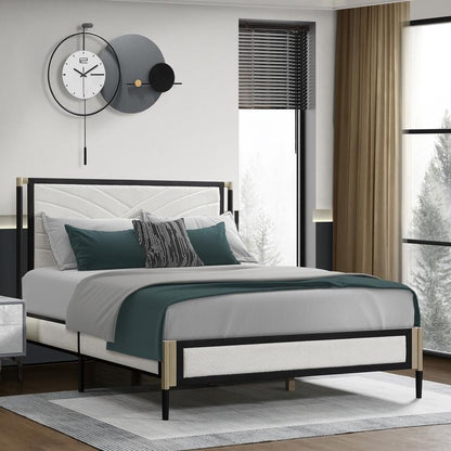 New Title: "Full Size Bed with White Boucle Fabric Headboard, Champagne Silver & Black Frame - Modern Design