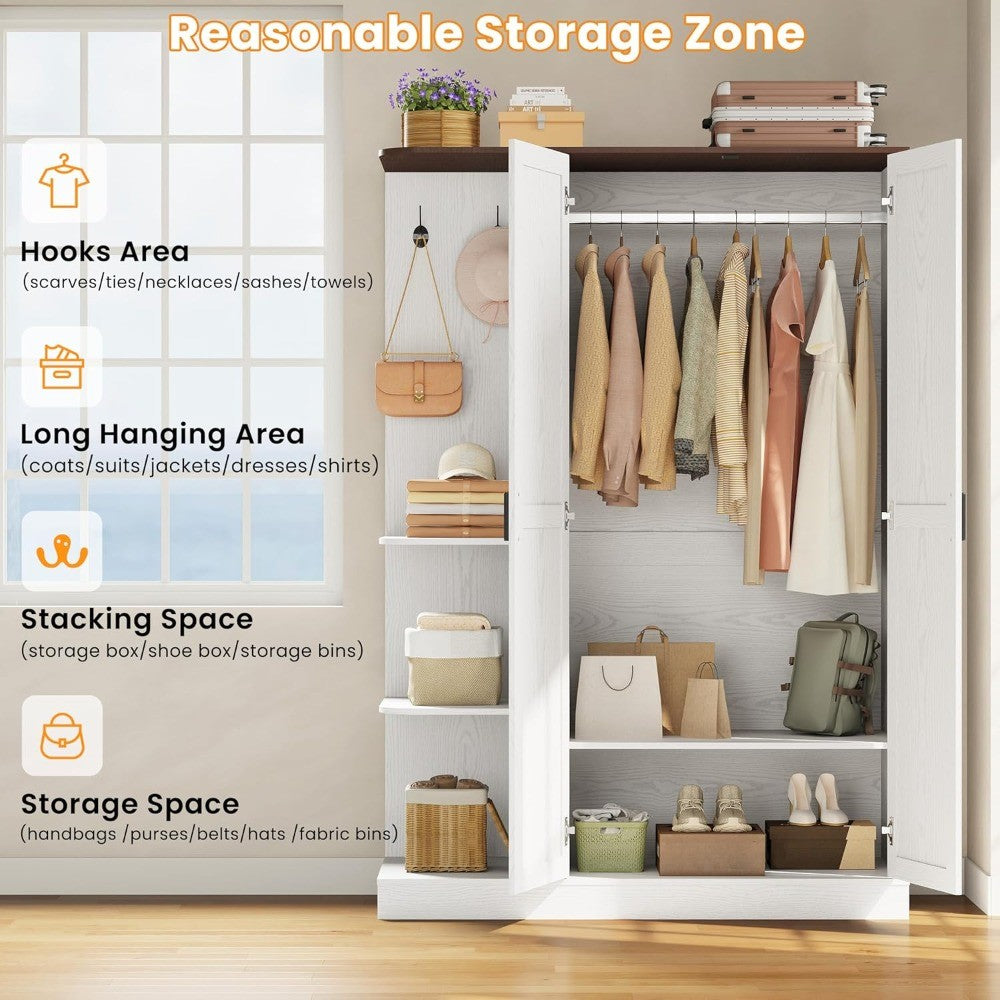 Wardrobe Closet, Modern Bedroom Armoires with 5 Shelves, 2 Doors, Large Wooden Closet Cabinet with 30W x 52H Hanging Area