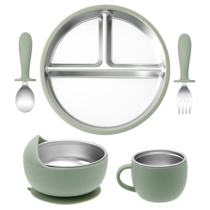 5PCS Stainless Steel Dishes Plate Baby Feeding Set With Detachable Silicone Sucker Bowl BPA Free Infant Fork Spoon Cup Gifts