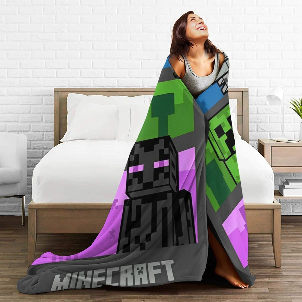 Cartoon Mines Pixel Game Crafts Flannel Blanket Super Warm Throw Blanket for Home Decor Decorative Street Trend Bedspread