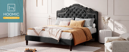 Base de Cama de Veludo HOOMIC nos Tamanhos Casal/Queen/King com Cabeceira Tiara Ajustável, Cama Plataforma Estofada com Capitonê de Diamante