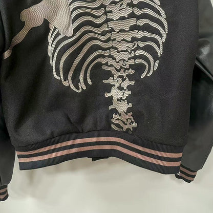Real Photo GOD SPEED Baseball Jacket American Vintage Patchwork Leather Sleeves Unisex Embroidery Skeleton Jacket Coats
