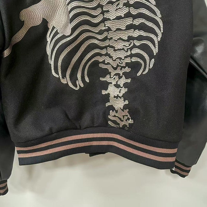 Real Photo GOD SPEED Baseball Jacket American Vintage Patchwork Leather Sleeves Unisex Embroidery Skeleton Jacket Coats