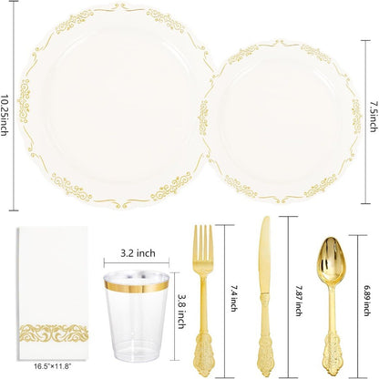 210Pcs Ivory Plastic Plates Disposable Plates Heavy Duty Gold Plastic Dinnerware Set for Party Wedding Event Includes 30 Dinner
