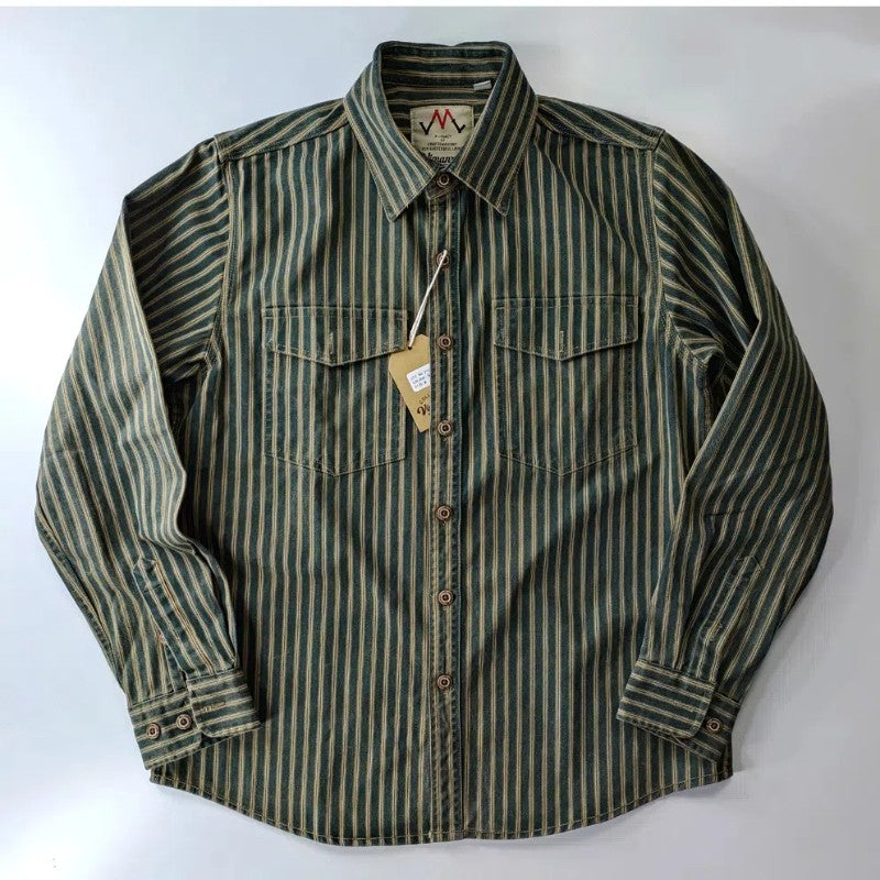 2025 Spring and Autumn New American Retro Woven Striped Cargo Shirt Men's Simple 100% Cotton Washed Double Pockets Thin Jacket
