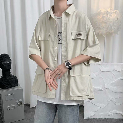 Shirts For Men With Pocket Cargo Man Shirt Loose Korean Style Casual Asia Cool Hipster Original Half Sleeve Fashion Collar I Xxl