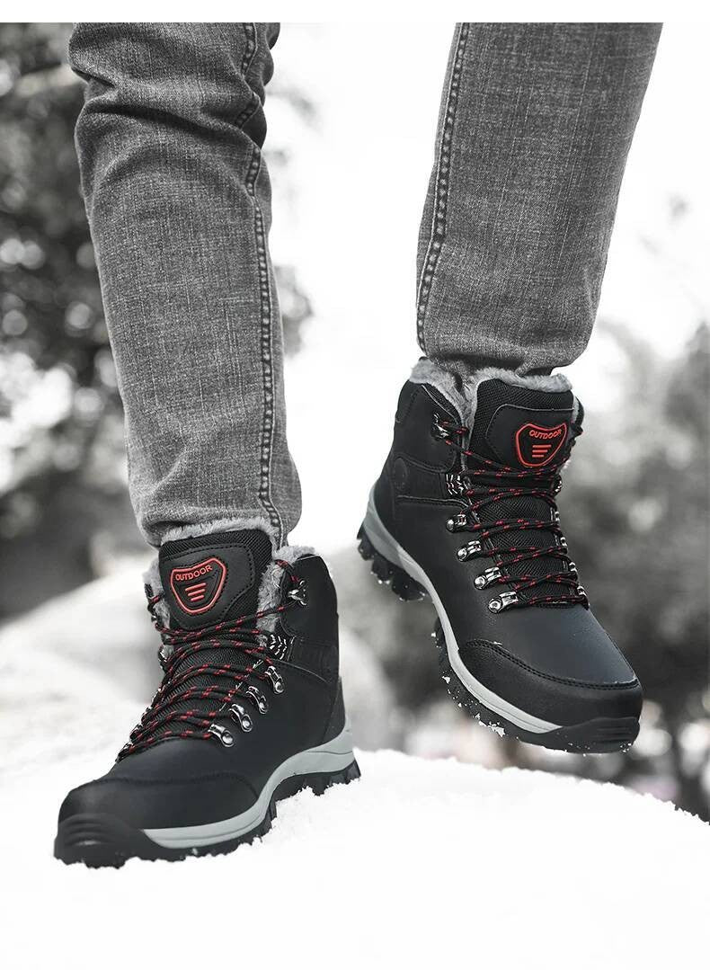 Botas de inverno masculinas com pele quente, antiderrapantes, sapatos casuais de trabalho masculinos, tênis de couro impermeáveis, botas de cano alto, tamanhos grandes
