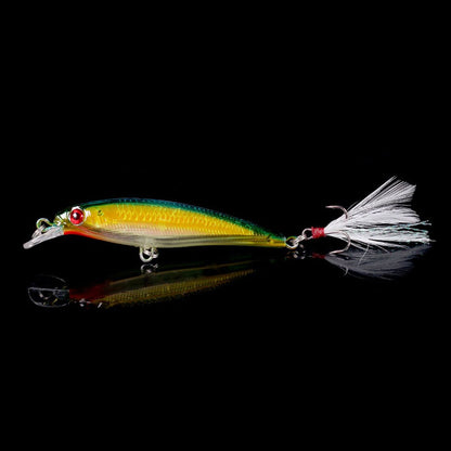 Isca de Pesca Laser Minnow 10/5 Peças Biónica Artificial 9cm/7g Isca Dura Flutuante com Anzol de Pena Wobbler Pesca para Baixo Lúcio