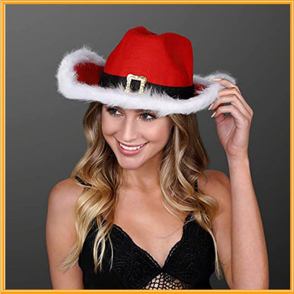 Red Christmas Cowboy Hat with Feather & Gold Buckle, Western Party Hat for Women Men, Floppy French Jazz Cap for Xmas