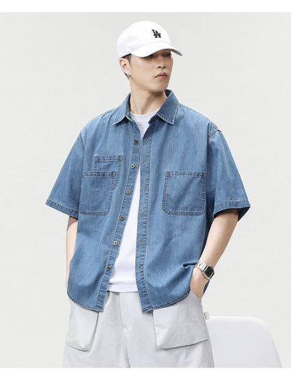 2025 Summer New Men's Casual Loose Shirt Polo Neck Short Sleeve Single Breasted Shirts Men's Vintage Solid Cargo Jeans  Tops