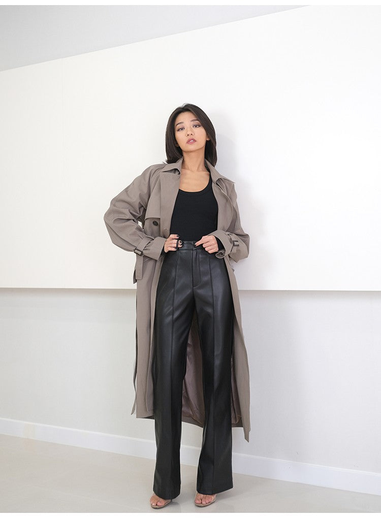 Lautaro Spring Autumn Long Black Soft Pu Leather Pants Women with Zipper High Waist Casual Elegant Straight Leg Trousers 2022