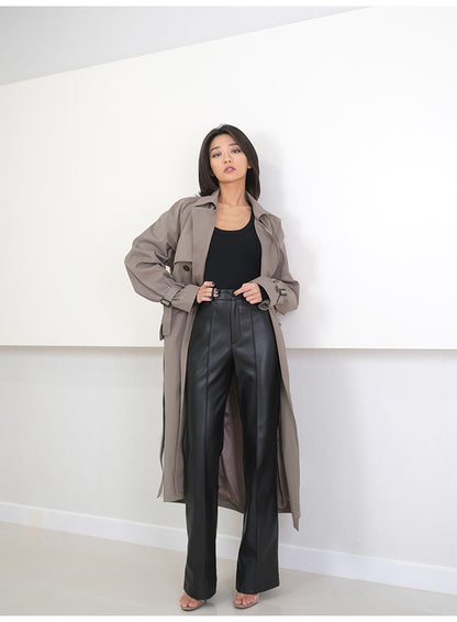 Lautaro Spring Autumn Long Black Soft Pu Leather Pants Women with Zipper High Waist Casual Elegant Straight Leg Trousers 2022