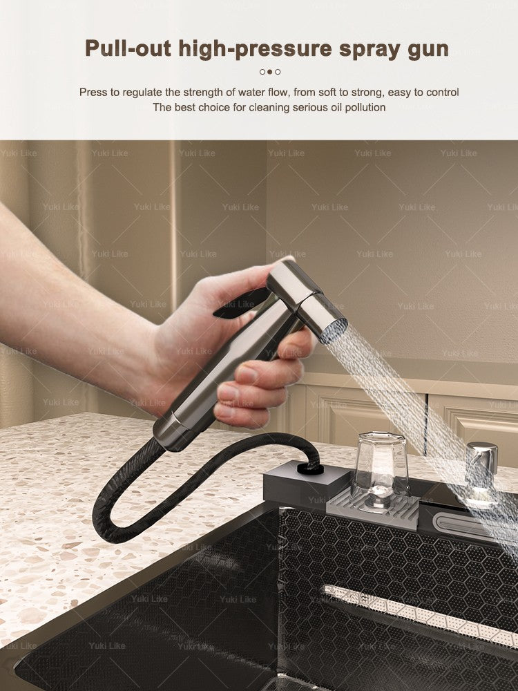 Stainless Steel Golden Kitchen Sink Multifunctional Waterfall Outlet Single Slot Piano Button Digital Display