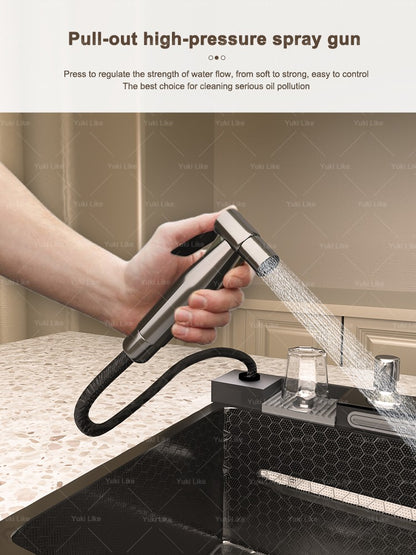 Stainless Steel Golden Kitchen Sink Multifunctional Waterfall Outlet Single Slot Piano Button Digital Display