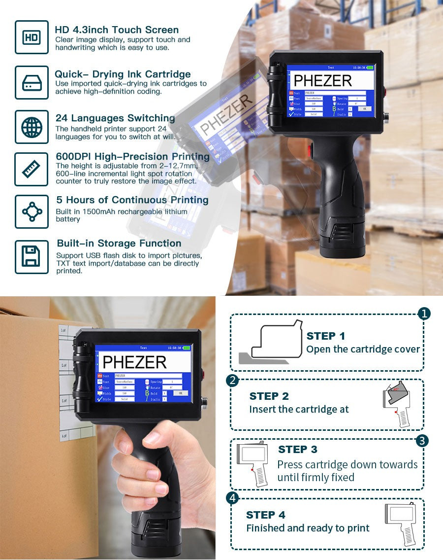 Phezer P15 12.7mm Label Printer QR Bar Batch Code Date Number Logo Expiry Date Handheld Inkjet Printer 28 Languages Portable