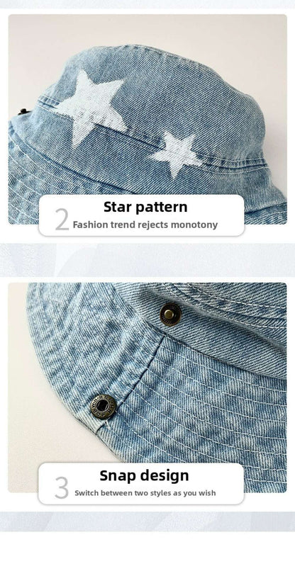 Kawaii Denim Star Fisherman Hat Wide Brim Y2K Outdoor Sun Hat Sunshade Adjustable Western Cowboy Hat Fishing
