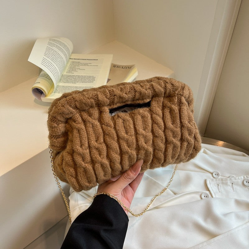 Women Knitting Chain Shoulder Bags Trend Crochet Clutch Purse Plush Cloud Handbags Autumn Winter Travel Daily Crossbody Bags