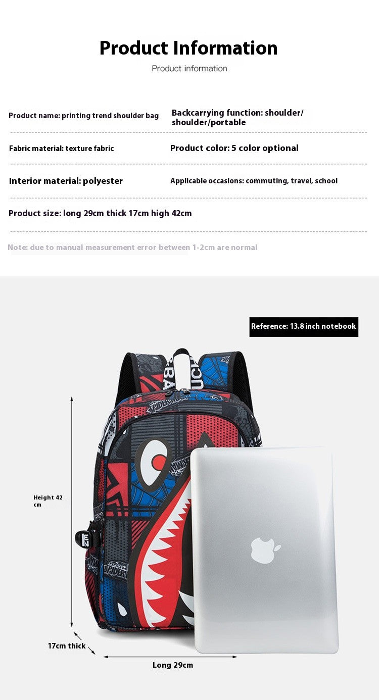 Mochila Escolar para Meninos com Estampa de Tubarão para Crianças, Mochilas de Viagem