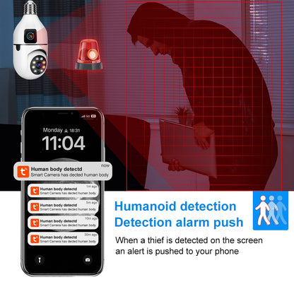 5MP CCTV PTZ WiFi Dual Lens Screen E27 Bulb Camera Tuya Smart Life Security Video Surveillance Camera Ai Human Auto Tracking