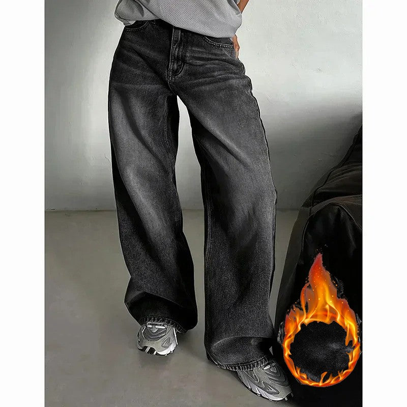 Winter Lady Thermal Plush High Waist Jeans Girls Snow Warm Fleece Denim Pants Female Casual Daily Straight Leg Trousers