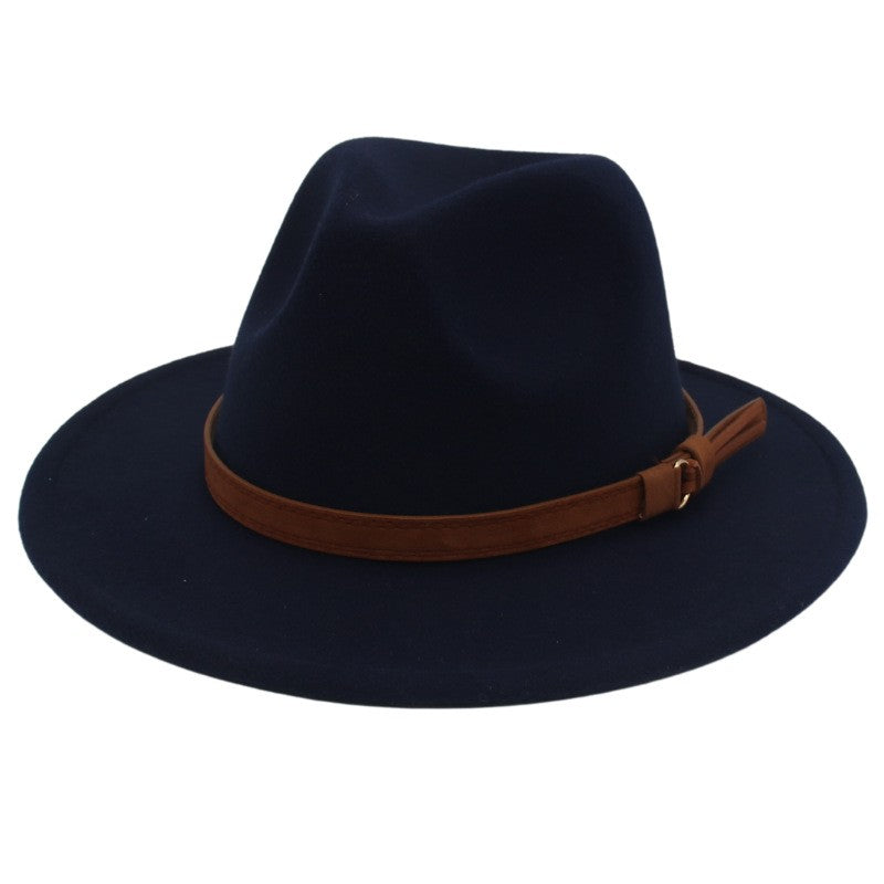 Classic Brown Belt Women Fedora Hats Autumn Winter Gentleman Jazz Felt Hat For Men Retro Church Lady Flat Wide Brim Dress Hat