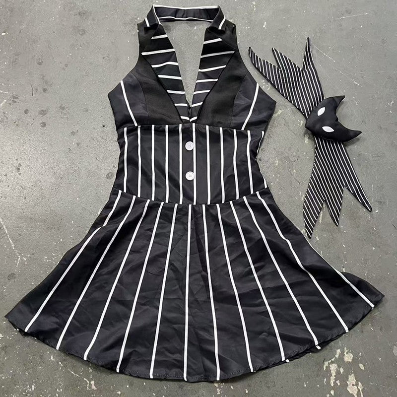 Anime Jack Skelington Black White Striped Cosplay Costume Men Retro Tailcoat Woman Dress Christmas Night Halloween Party Outfit