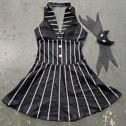 Anime Jack Skelington Black White Striped Cosplay Costume Men Retro Tailcoat Woman Dress Christmas Night Halloween Party Outfit