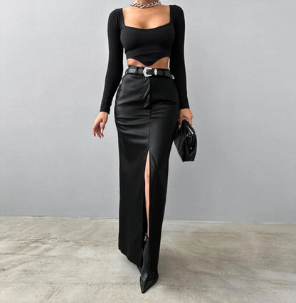 Women's Split Design Solid Color High Waist Pu Leather Skirt 2025 Spring Fall Office Lady Trendy Streetwear Long Skirts